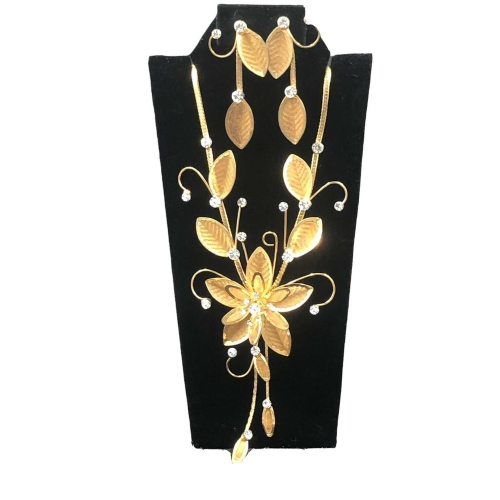 1/20 14k GF Crystal Rhinestone Flower Statement Necklace Earrings Set